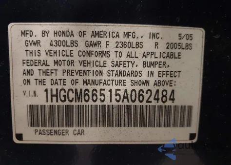2005 Honda Accord 3.0 Ex z USA, uszkodzony, nr VIN 1HGCM66515A062484